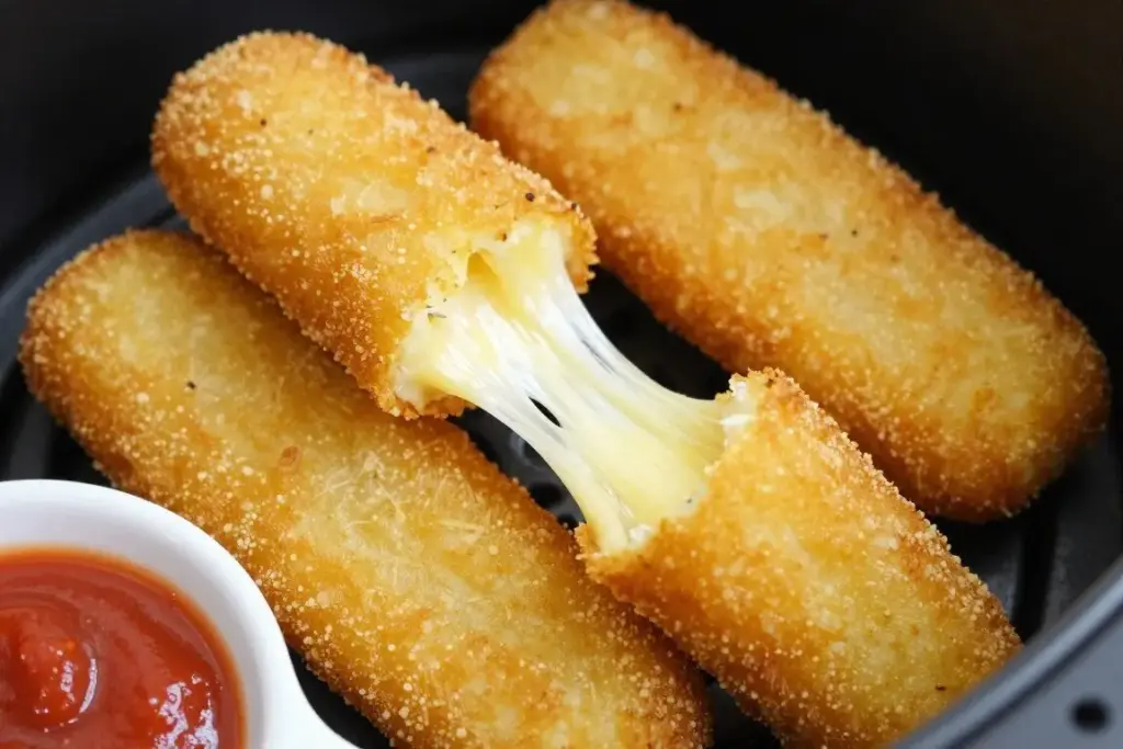 Crispy air fryer mozzarella sticks with stretchy cheese pull