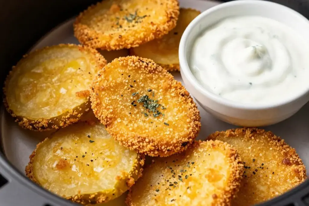 Crispy breaded air fryer pickle chips with ranch dip