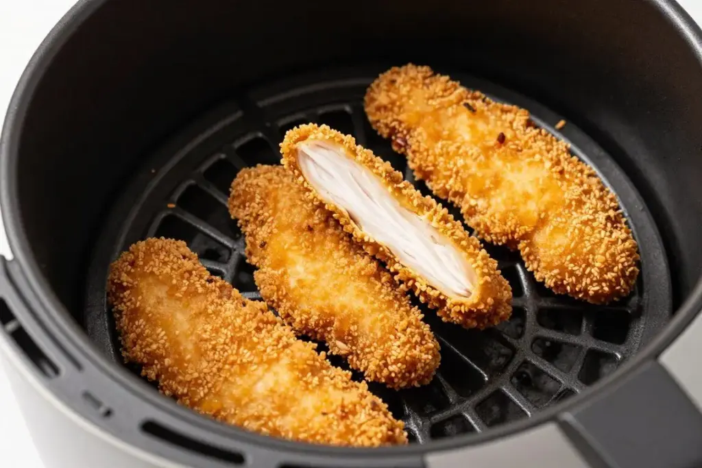 Crispy breaded chicken tenders in air fryer basket