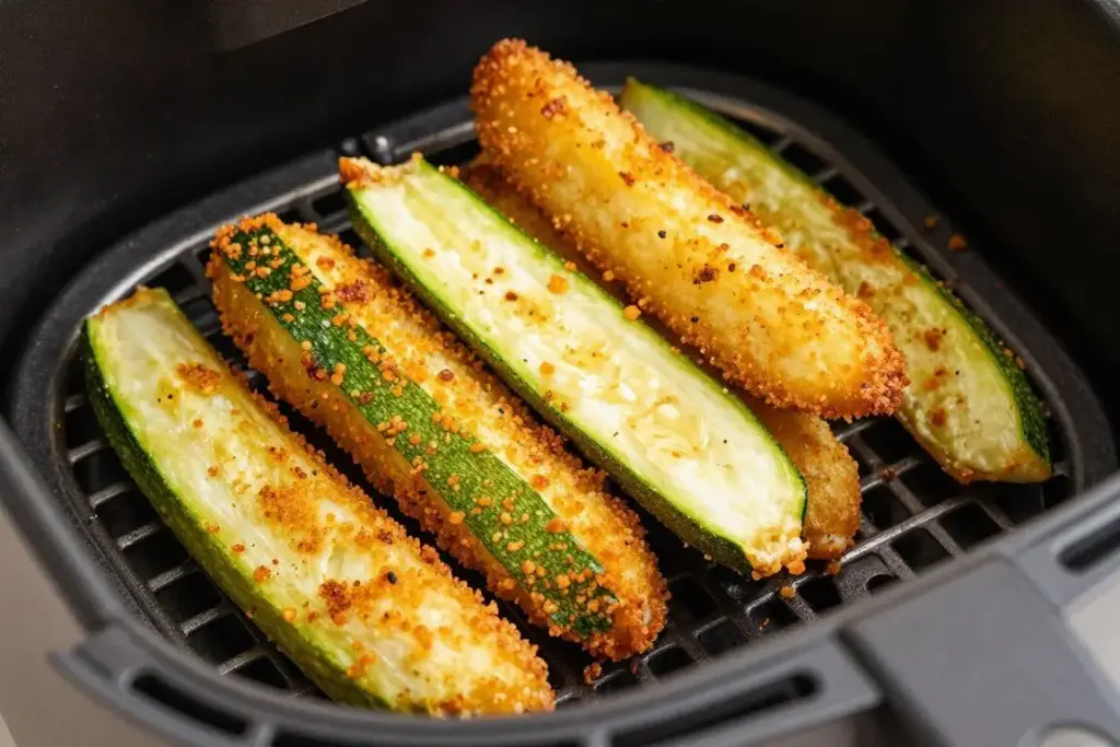 Crispy breaded zucchini fries in air fryer basket