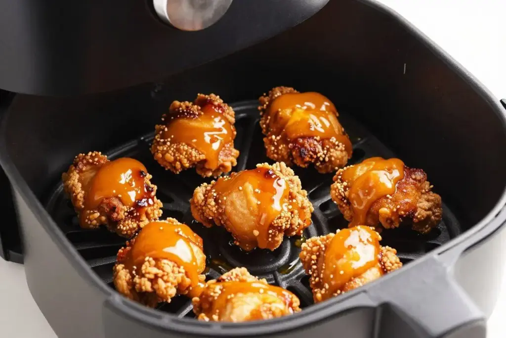 Crispy chicken pieces with glossy orange sauce in air fryer