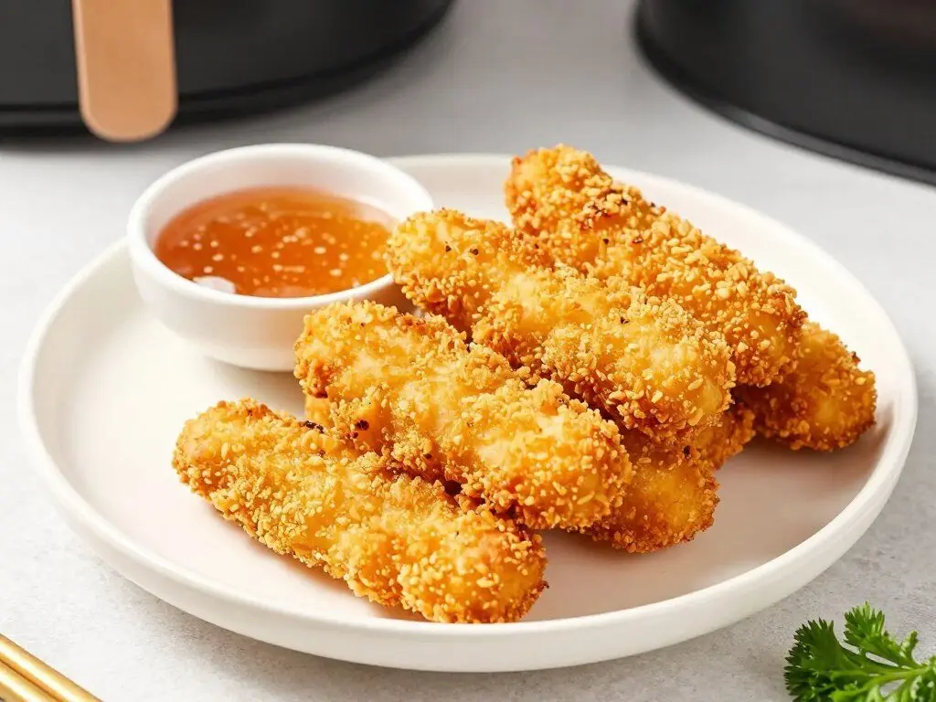 Crispy chicken tenders made in an air fryer served on a plate