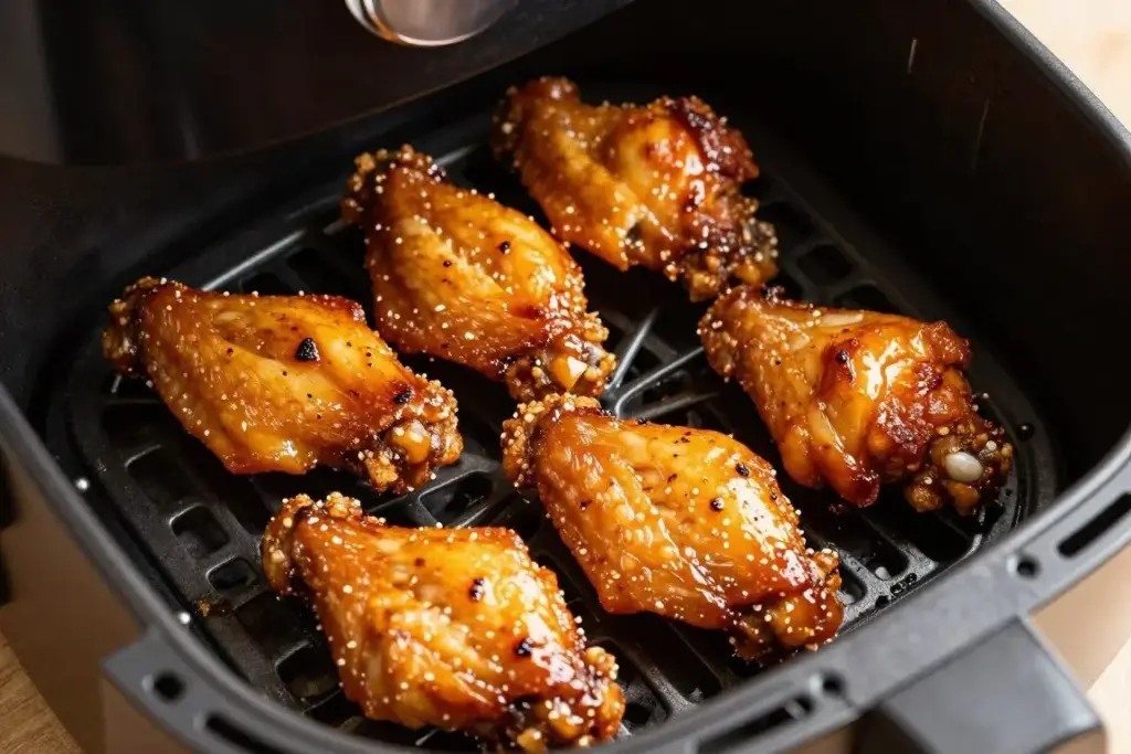 Crispy chicken wings with sauce glaze in air fryer