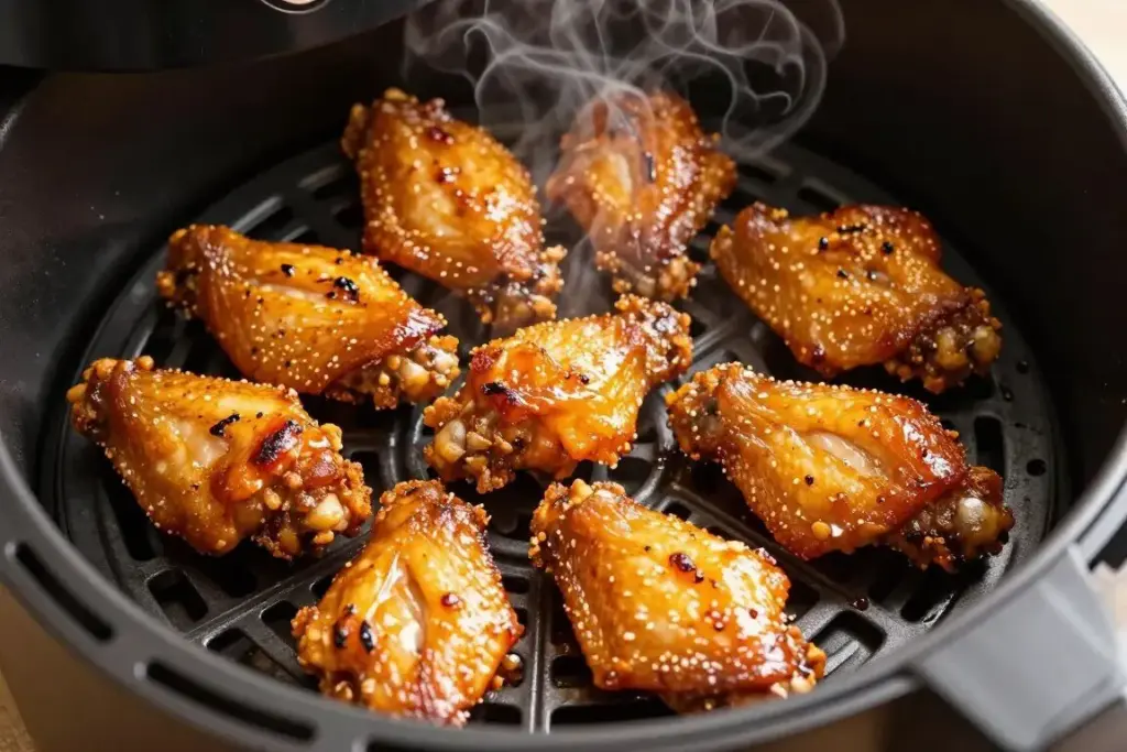 Crispy chicken wings with sauce in air fryer basket