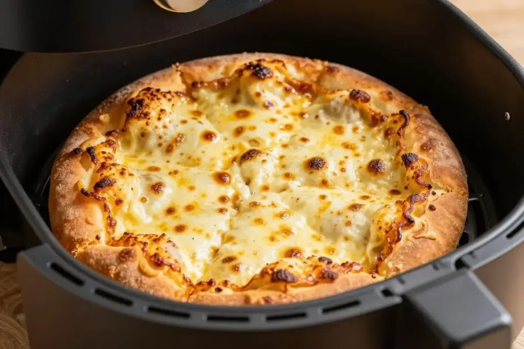 Crispy french bread pizza with melted cheese in air fryer