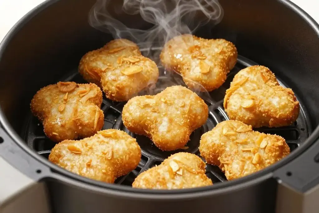 Crispy golden chicken nuggets in air fryer basket