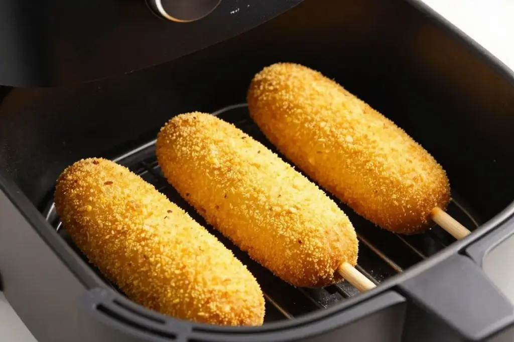 Crispy golden corn dogs in air fryer basket