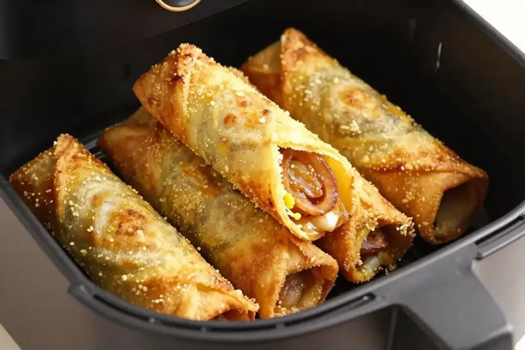Crispy golden egg rolls in air fryer basket