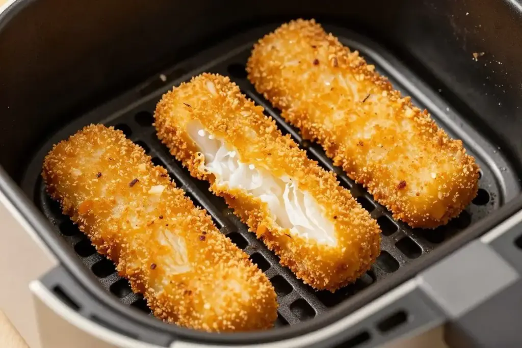 Crispy golden fish sticks arranged in air fryer basket