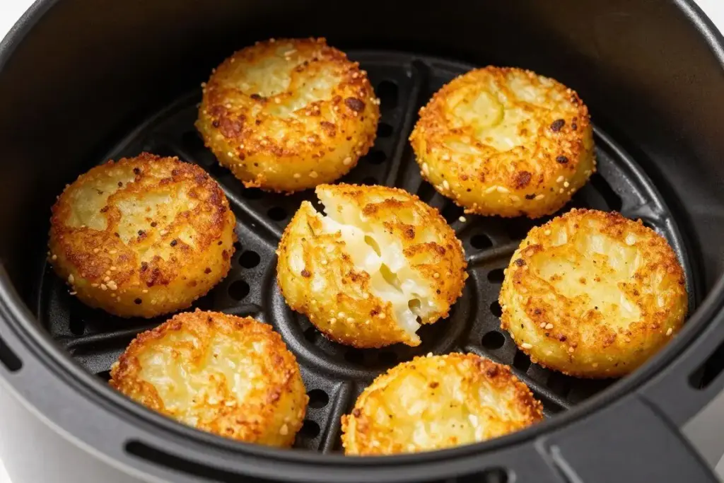 Crispy golden hash brown patties in air fryer basket
