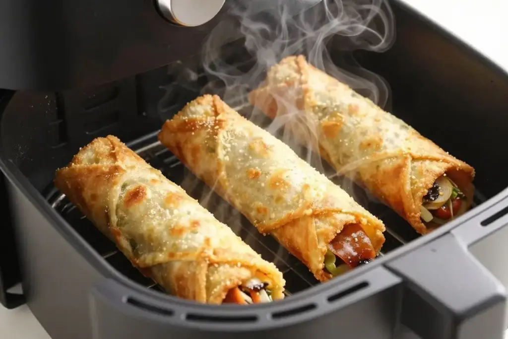 Crispy golden pizza rolls in air fryer basket