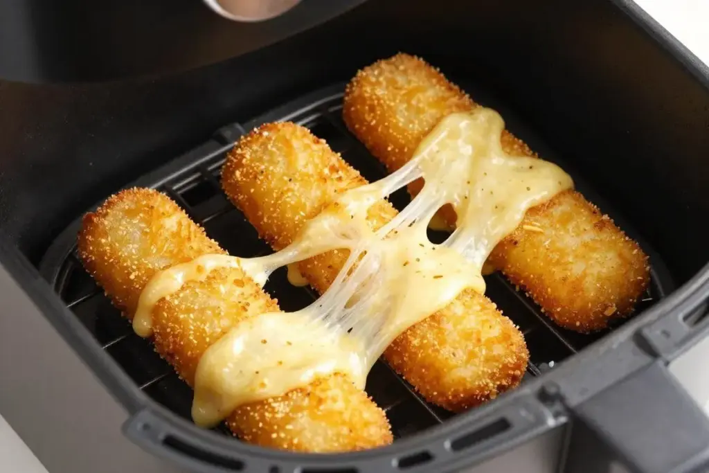 Crispy mozzarella sticks with melted cheese in air fryer