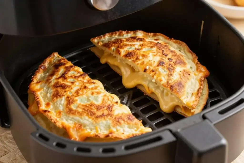 Crispy quesadilla with melted cheese in air fryer