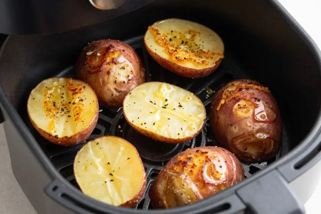 Crispy red potatoes with herbs in air fryer basket