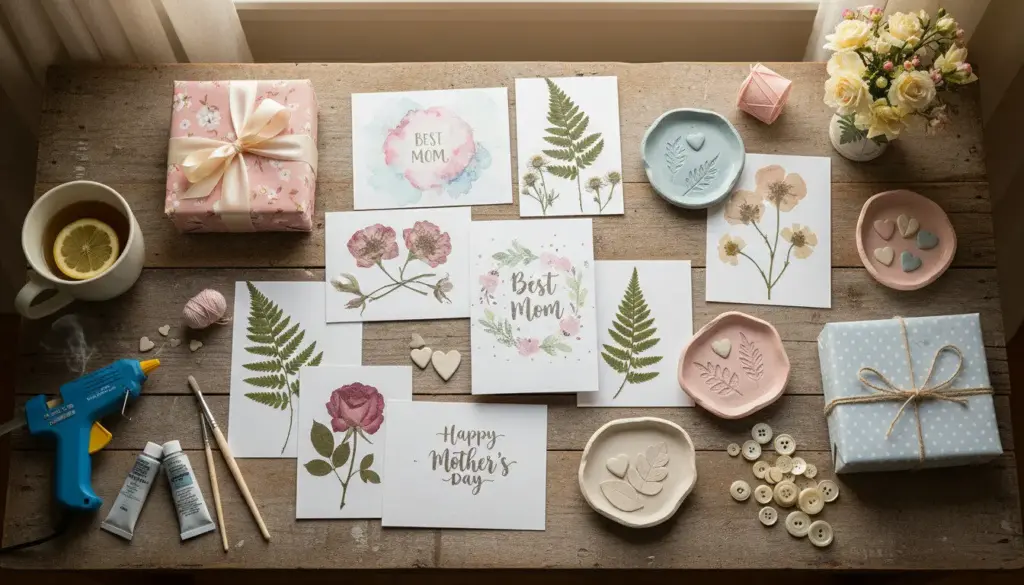 DIY Mother's Day gifts handmade crafts and flowers on rustic table