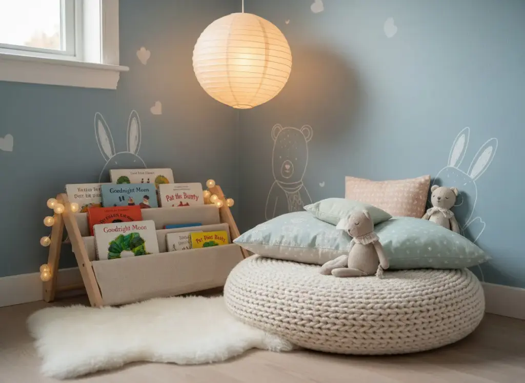 DIY baby book nook with fabric book display and comfortable seating