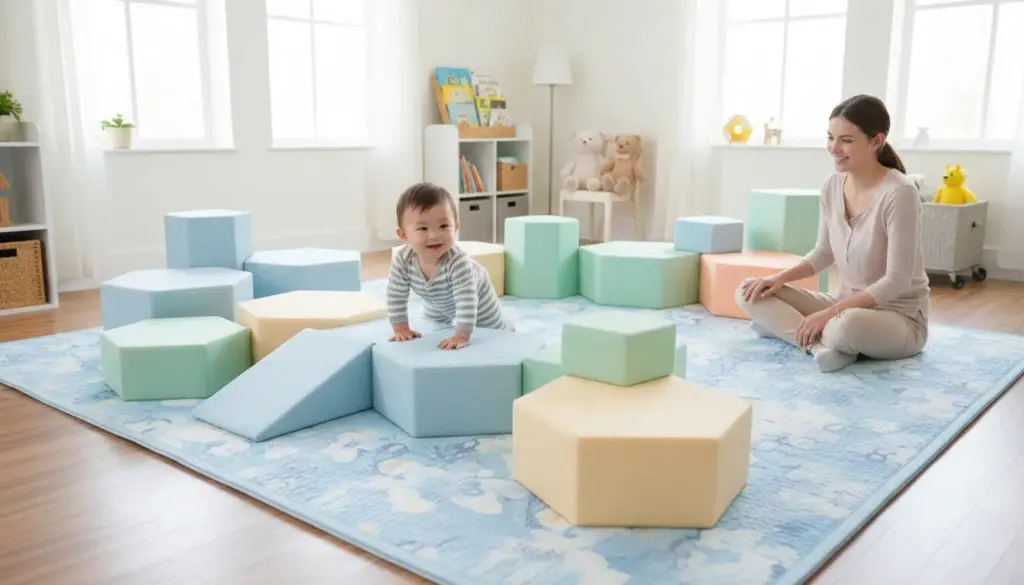 DIY baby climbing area with foam blocks and ramp