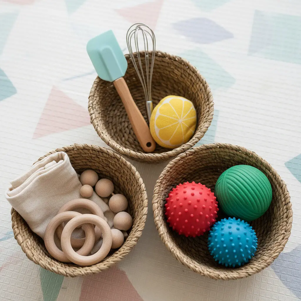 DIY baby exploration baskets with different themed objects