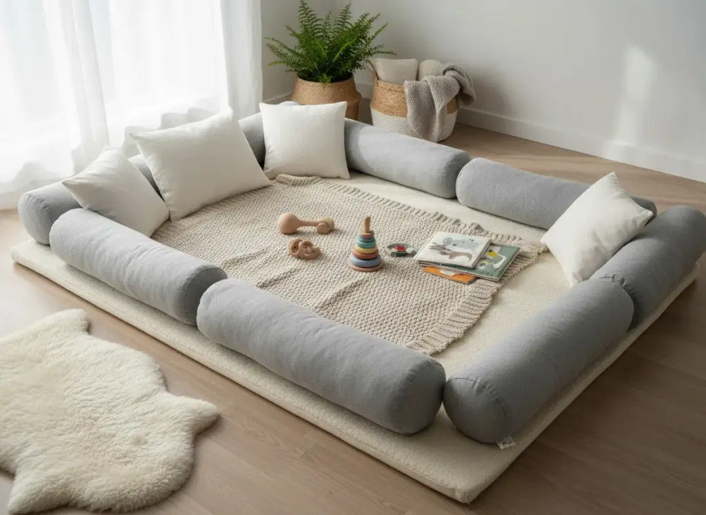 DIY baby floor bed play space with soft mattress and cushions