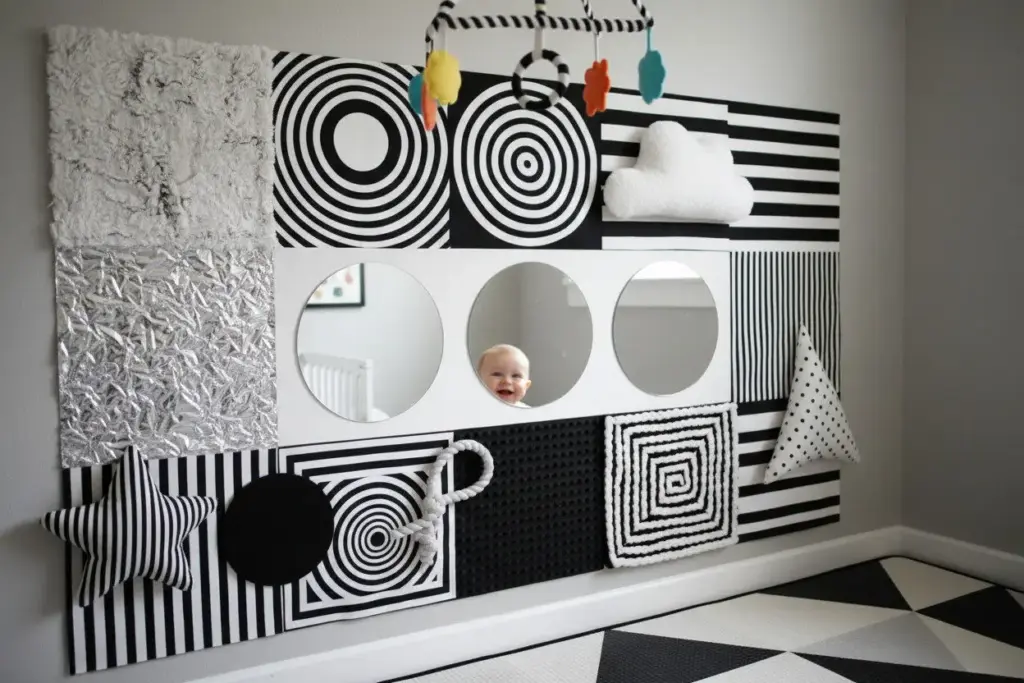 DIY baby sensory wall with high-contrast images and textures