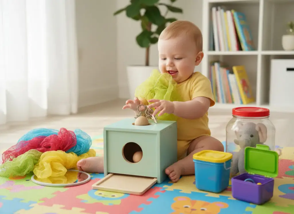 DIY object permanence box and peek-a-boo station for baby