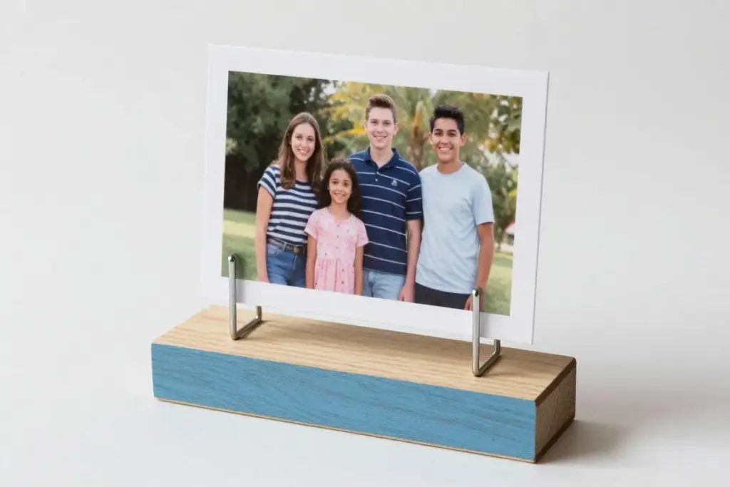DIY photo holder with wooden base and wire