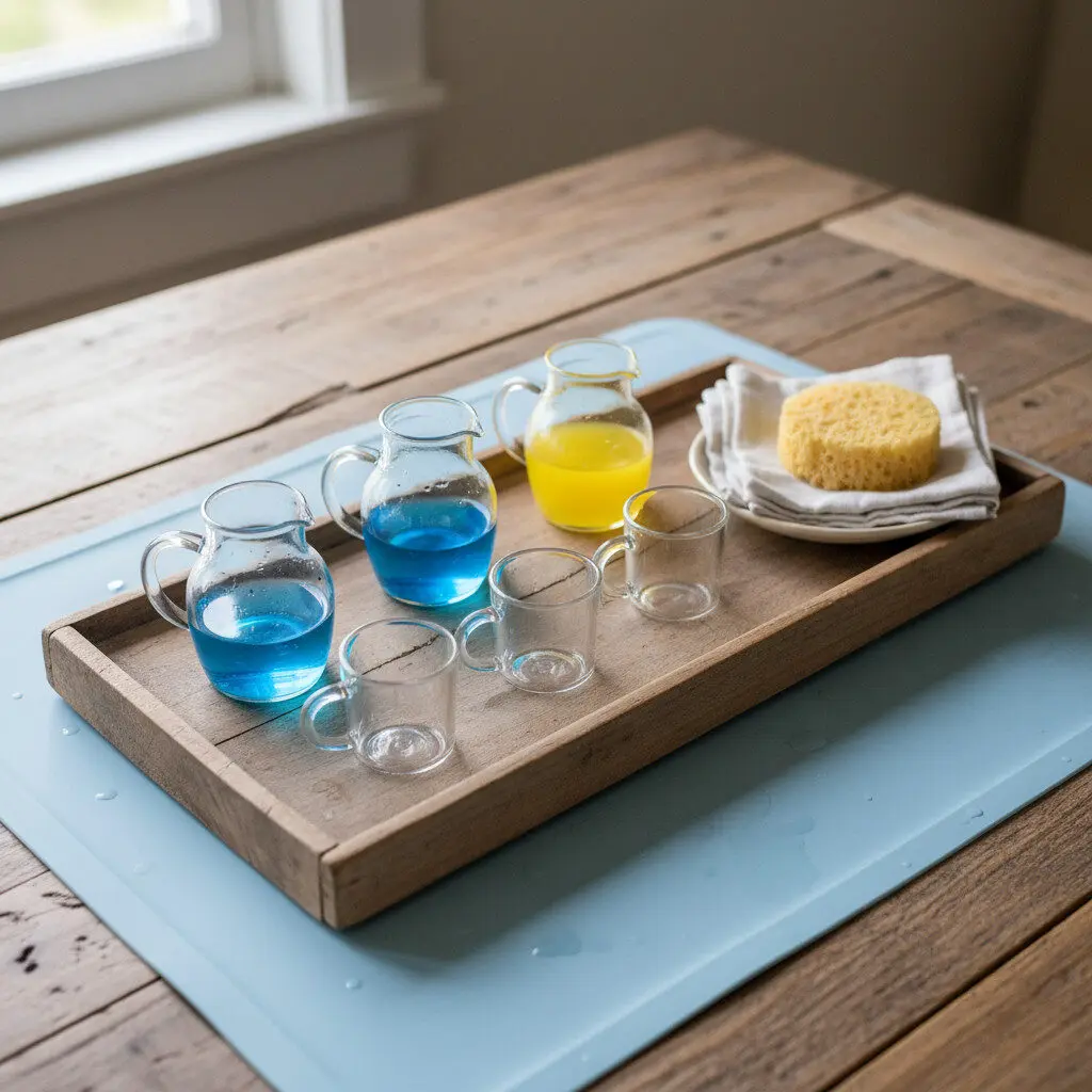 DIY pouring station with small pitchers and containers