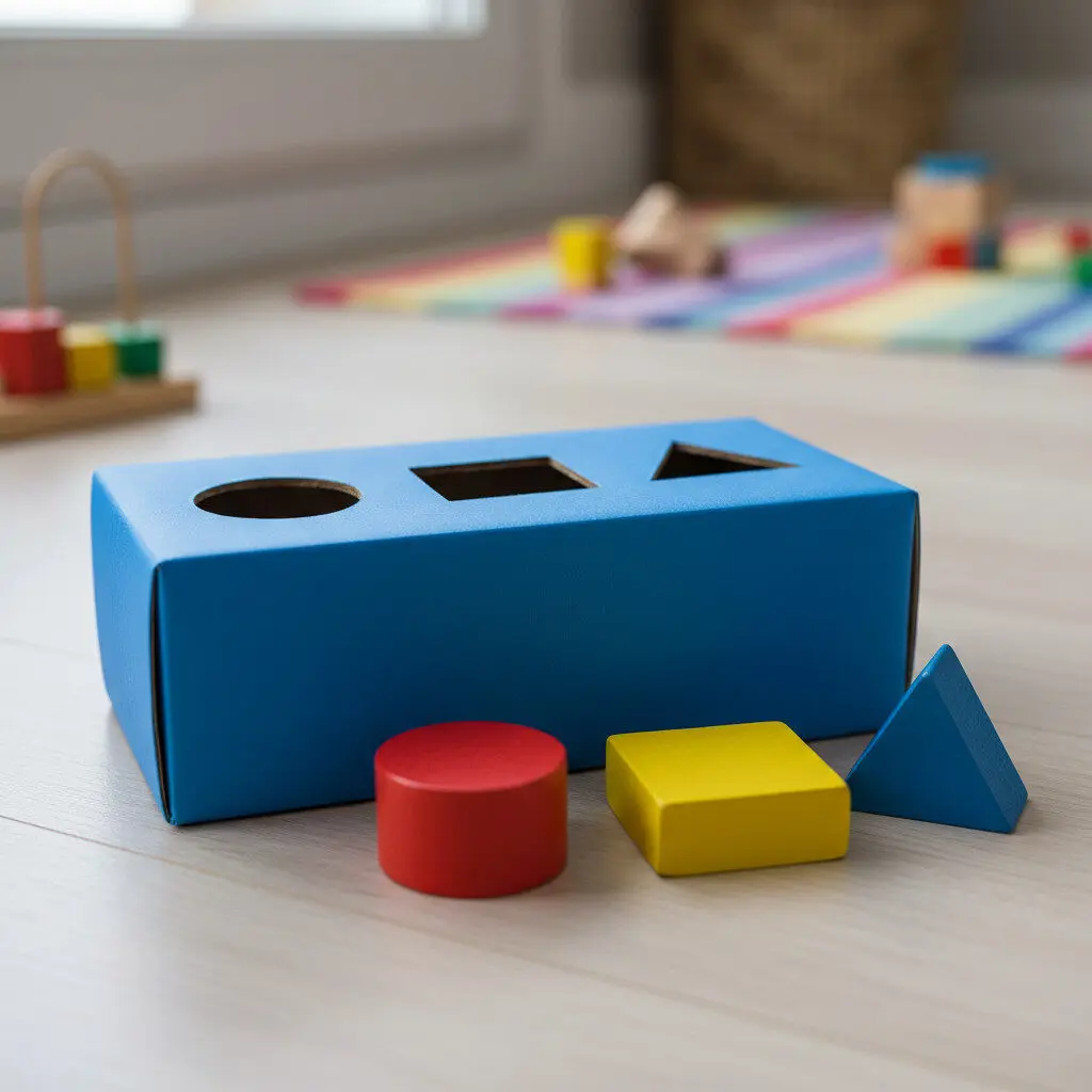 DIY shape sorter made from a cardboard box