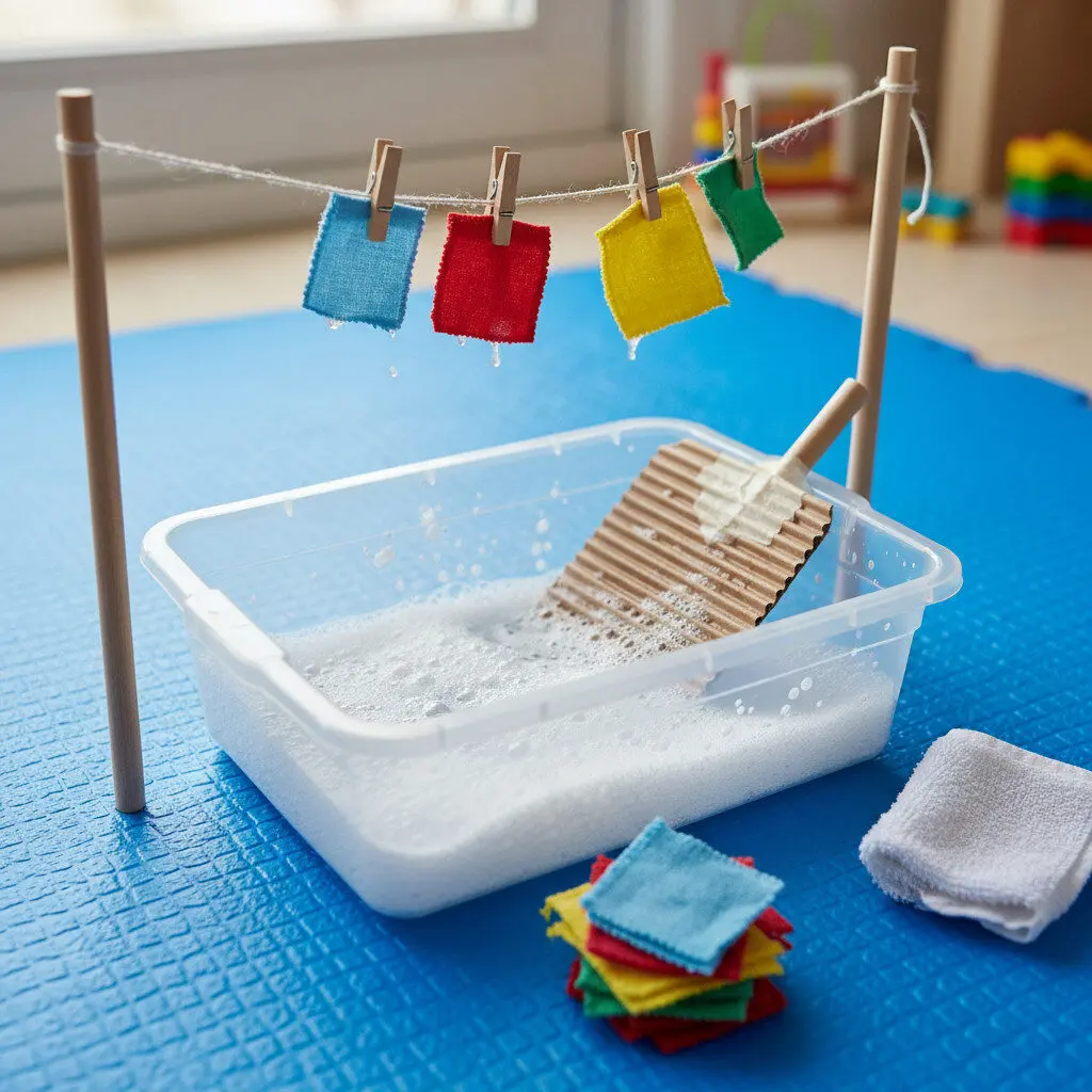 DIY washing station with small washboard and clothesline