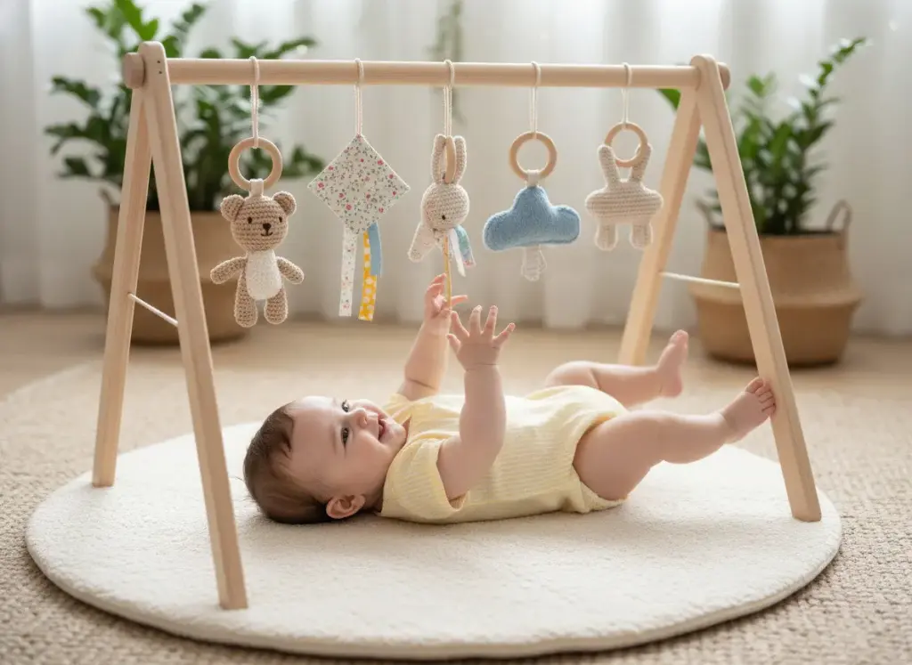 DIY wooden baby gym with hanging toys in a play area