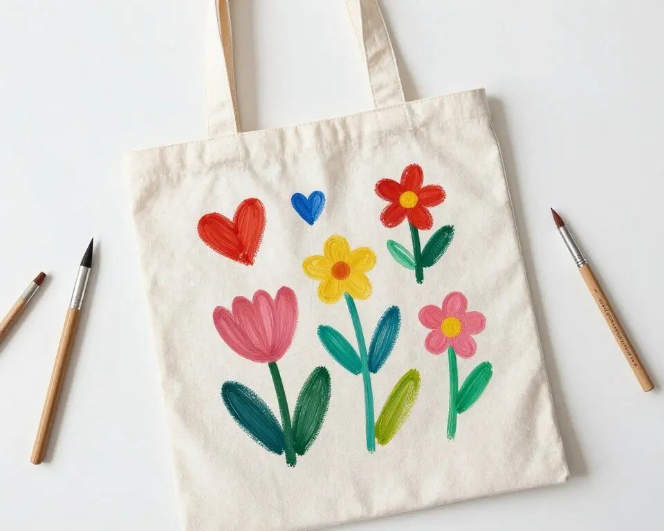 Decorated canvas tote bag with fabric paint