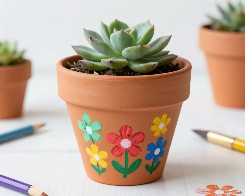 Decorated plant pot with fingerprints flowers