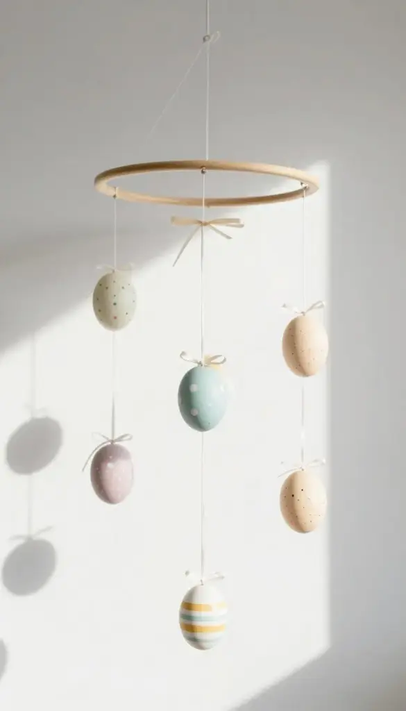 Decorative hanging mobile with painted eggs suspended at different heights