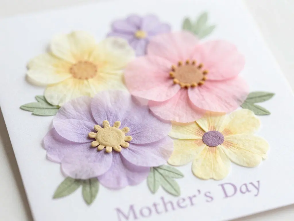 Delicate coffee filter flowers dyed in pastel colors on handmade card