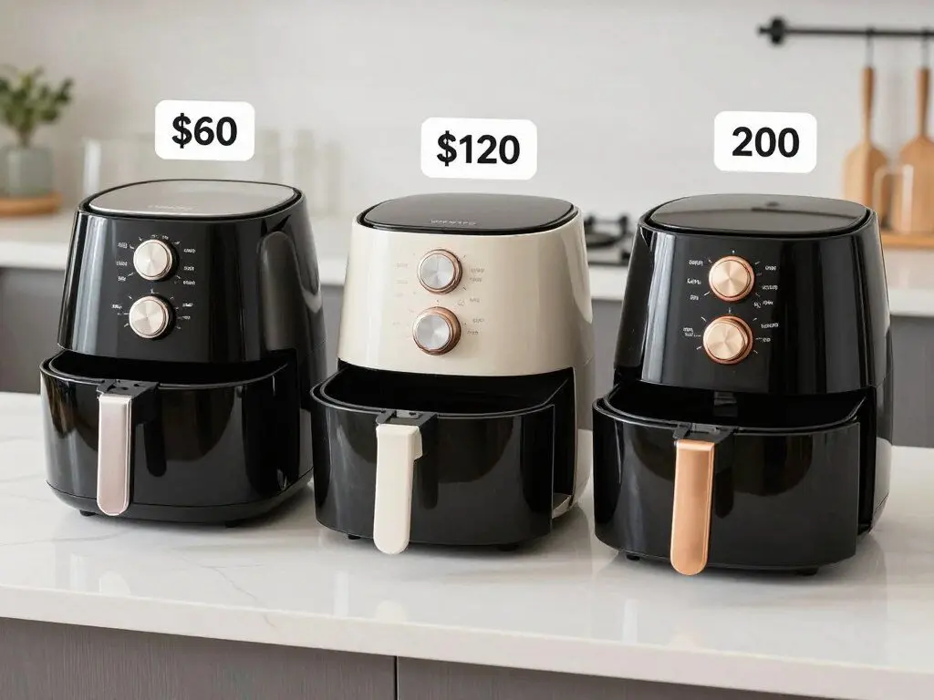 Different price range air fryers with price tags showing budget, mid-range and premium options