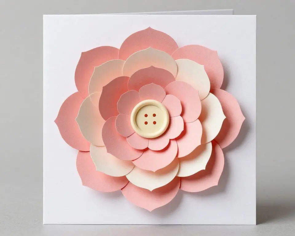 Dimensional paper flower with layered petals on handmade mother's day card