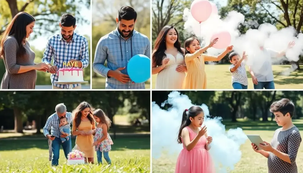 Diverse group of families celebrating different gender reveal styles at park