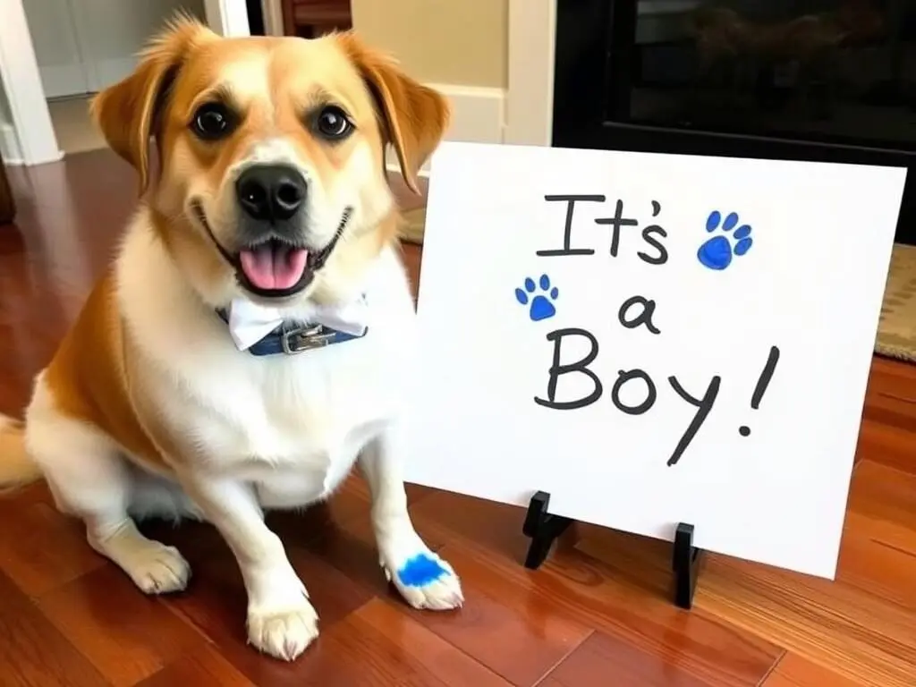 Dog with blue paw prints on white paper next to 'It's a Boy' sign