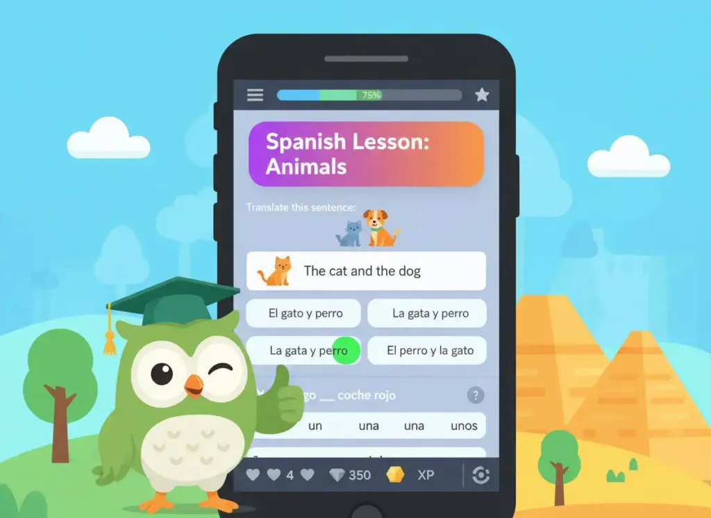 Duolingo language learning app with lesson interface