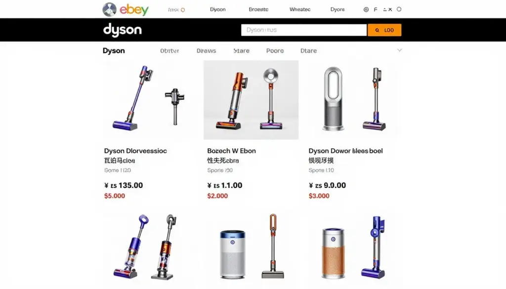 Dyson's official eBay store featuring vacuum cleaners, air purifiers, and hair care products