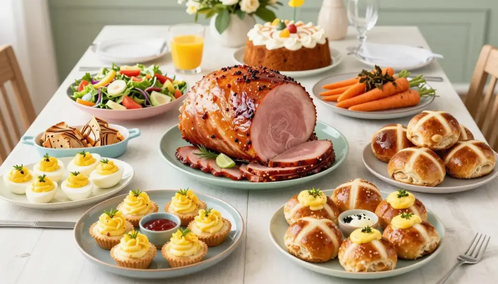 Easter dinner spread with ham, side dishes, and desserts