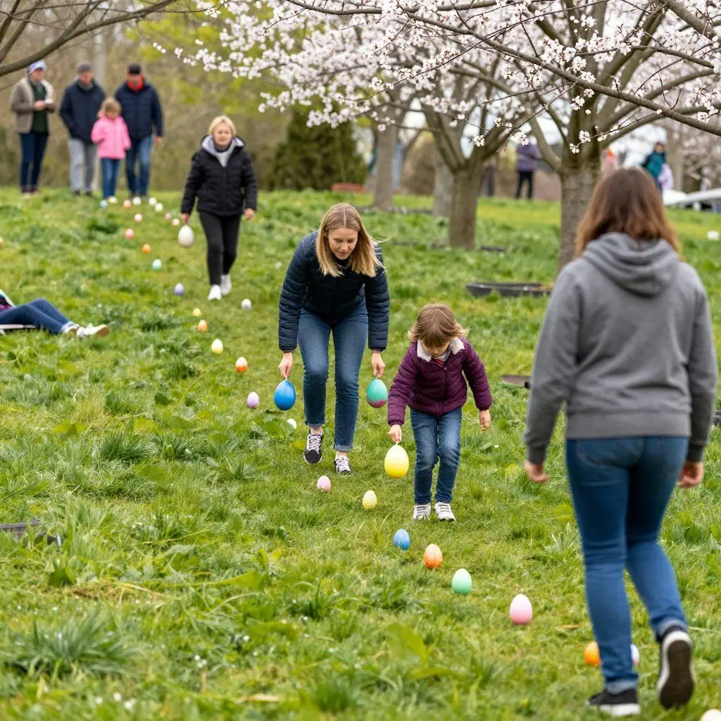 Easter egg rolling competition on grassy hill Easter egg rolling competition on grassy hill
