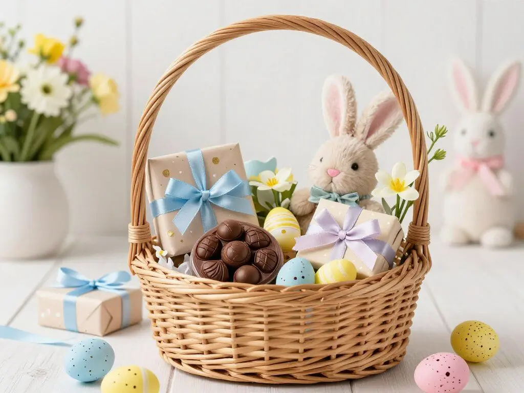 Easter shopping basket filled with gifts and candy