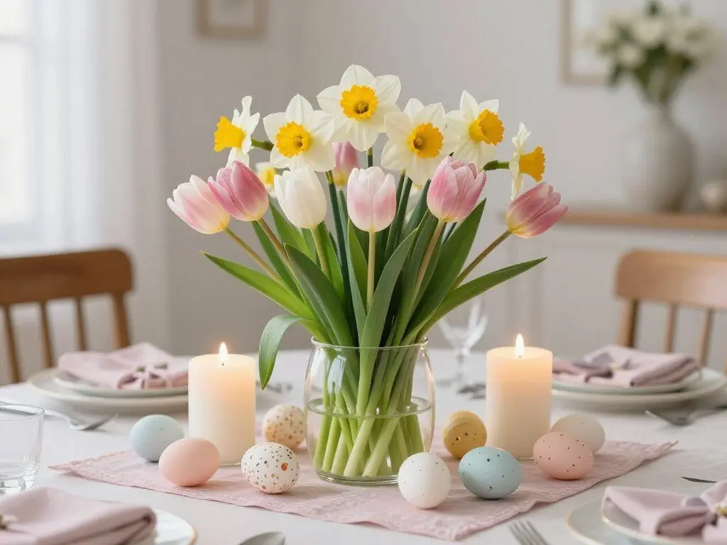 Easter table centerpiece with flowers and candles