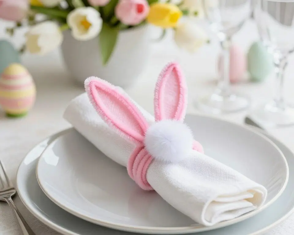 Easter table place setting with handmade bunny napkin rings made from pipe cleaners and pom-poms
