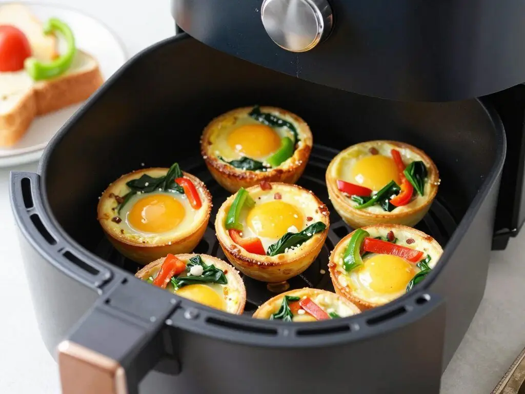 Egg cups with vegetables cooked in an air fryer