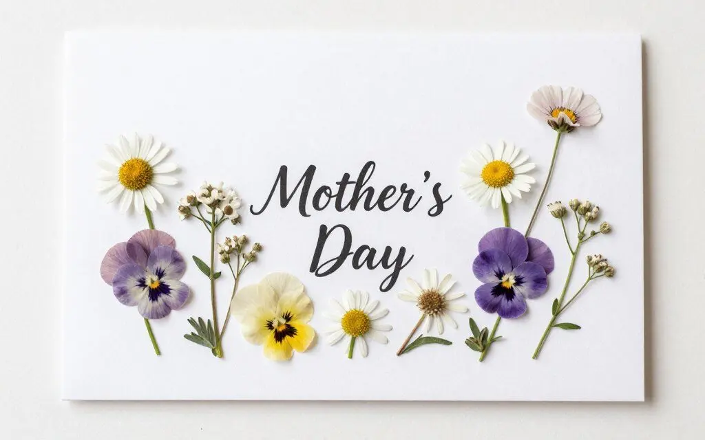 Elegant card featuring real pressed flowers arranged on white cardstock