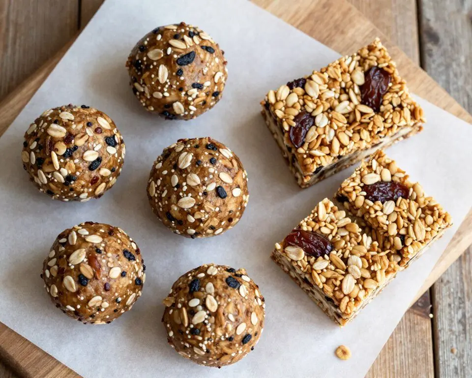Energy balls and granola bars arranged on cooling rack for freezing