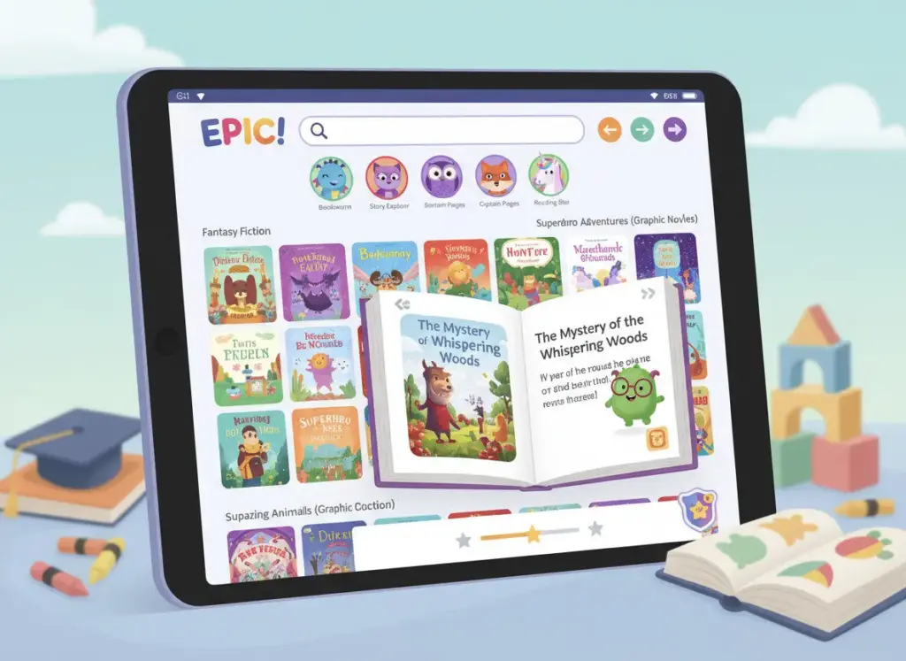 Epic digital library showing collection of children's books
