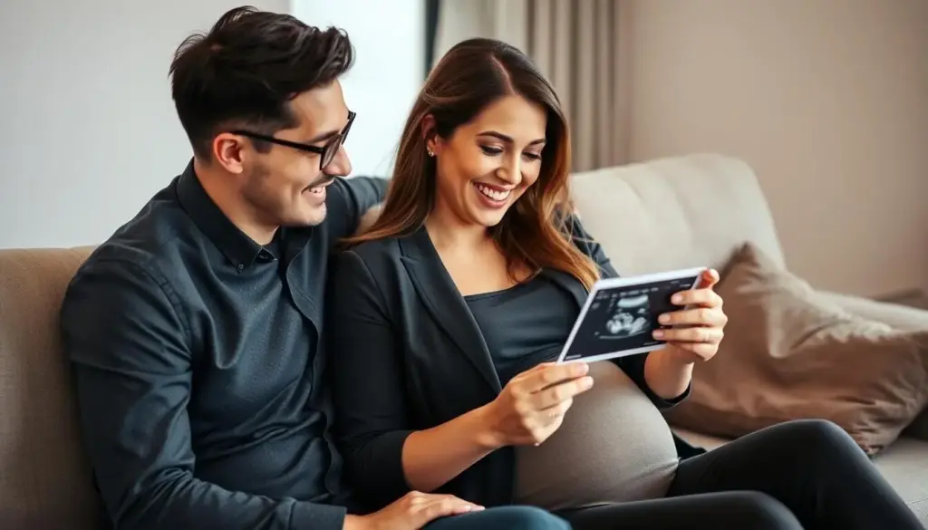 Expectant couple looking at ultrasound results with excited expressions